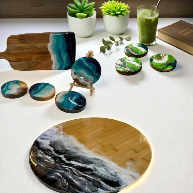 Finished resin cheeseboards and coasters and lazy susan made at the Resin Art Workshop Tallawong.