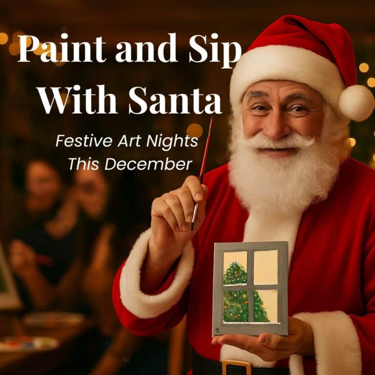 A festive hero banner showing Santa Claus smiling warmly inside a cozy, softly lit art café decorated with Christmas lights and a tree. Santa holds a small painting of a Christmas tree through a window while raising a paintbrush. White elegant Lora-style text reads: “Paint and Sip with Santa” and below it, “Festive Art Nights This December.”