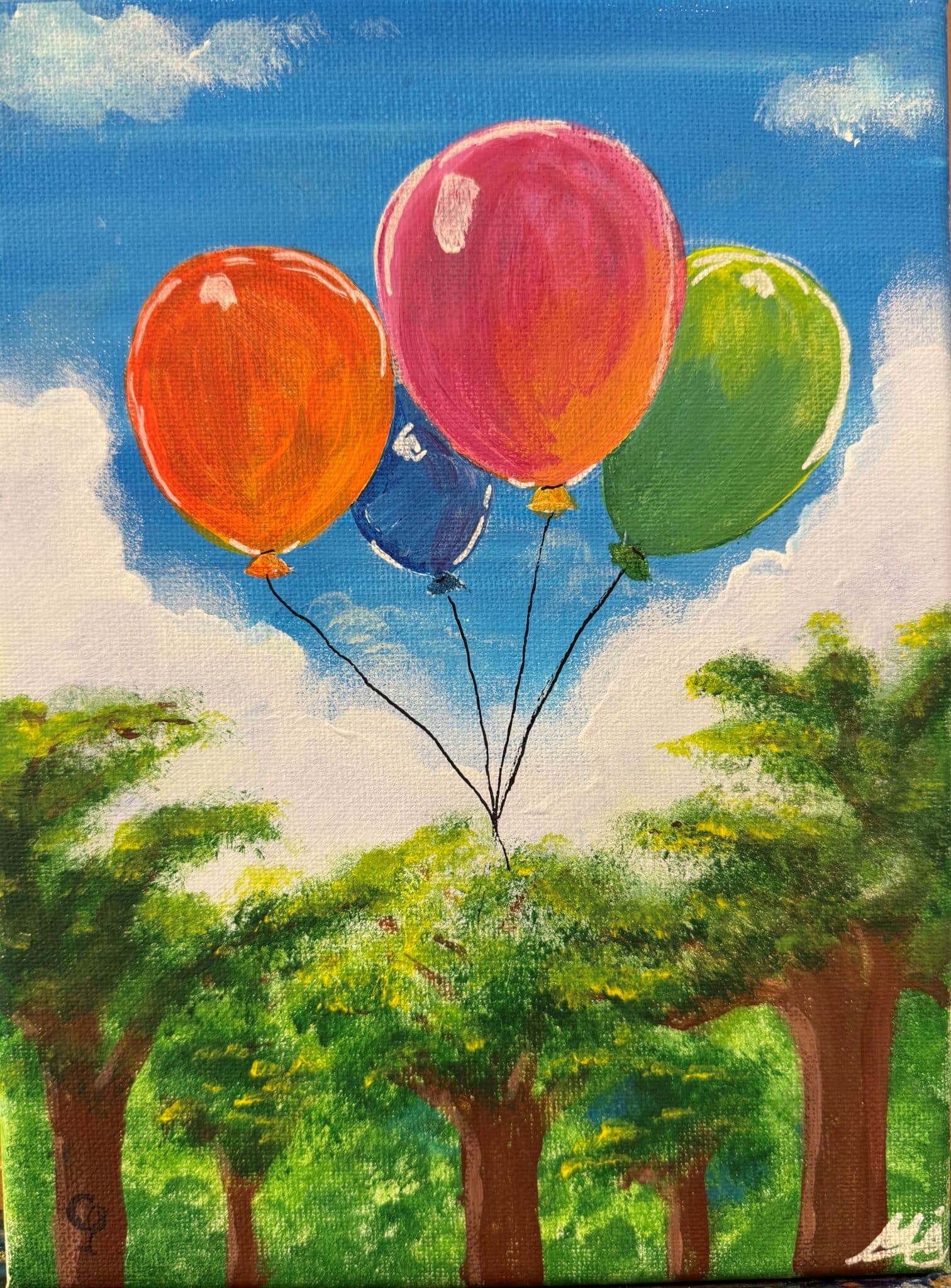 Floating Dreams paint and sip artwork featuring colourful balloons over a forest landscape