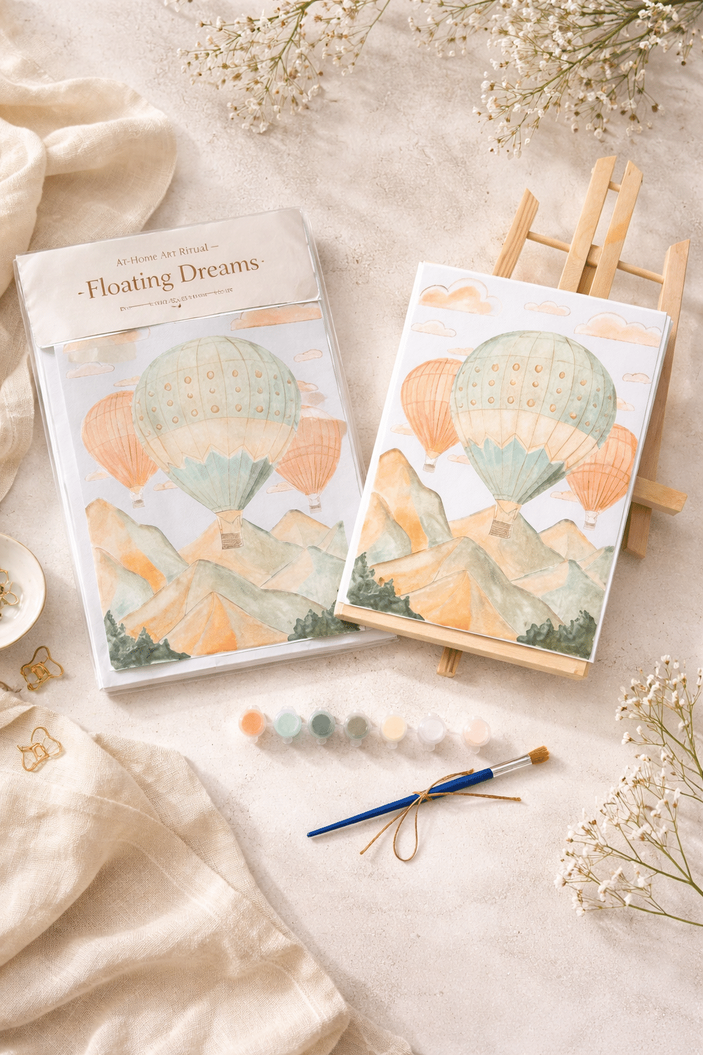 At-Home Painting Kit - Floating Dreams paint kit with hand-traced canvas, acrylic paints, brushes and wooden easel by Colourful Wine