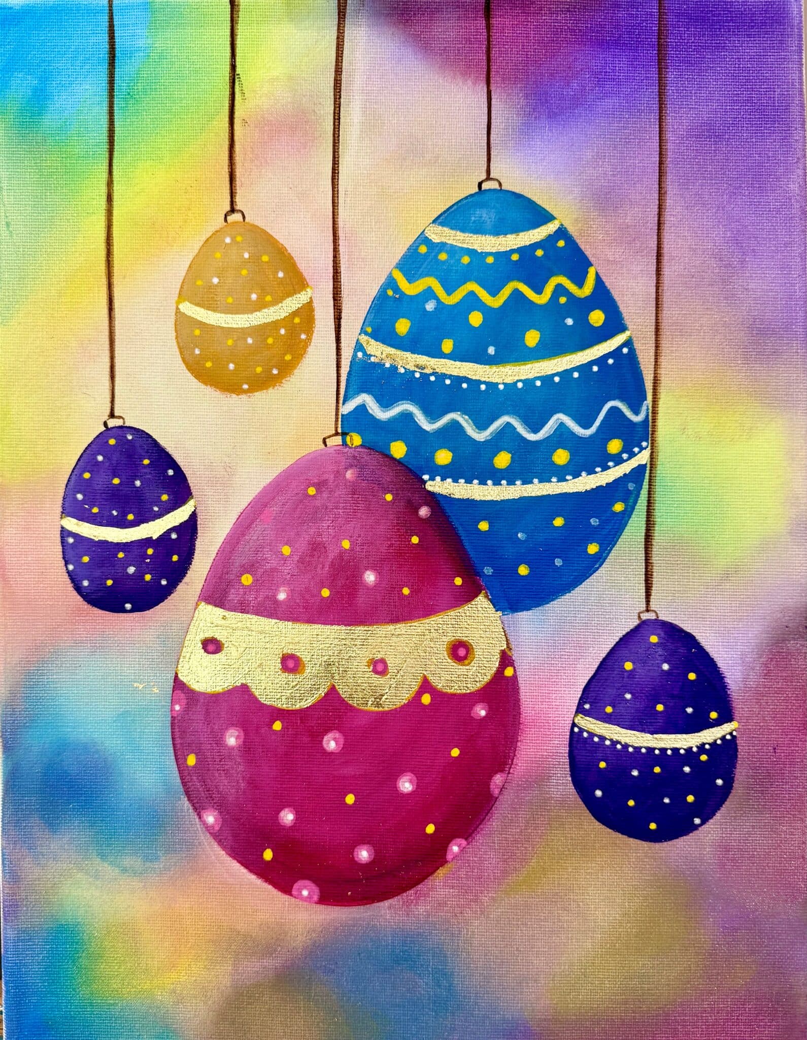 Paint and Sip Floating Eggs Easter egg painting with gold accents on 30x40cm canvas at Colourful Wine Tallawong