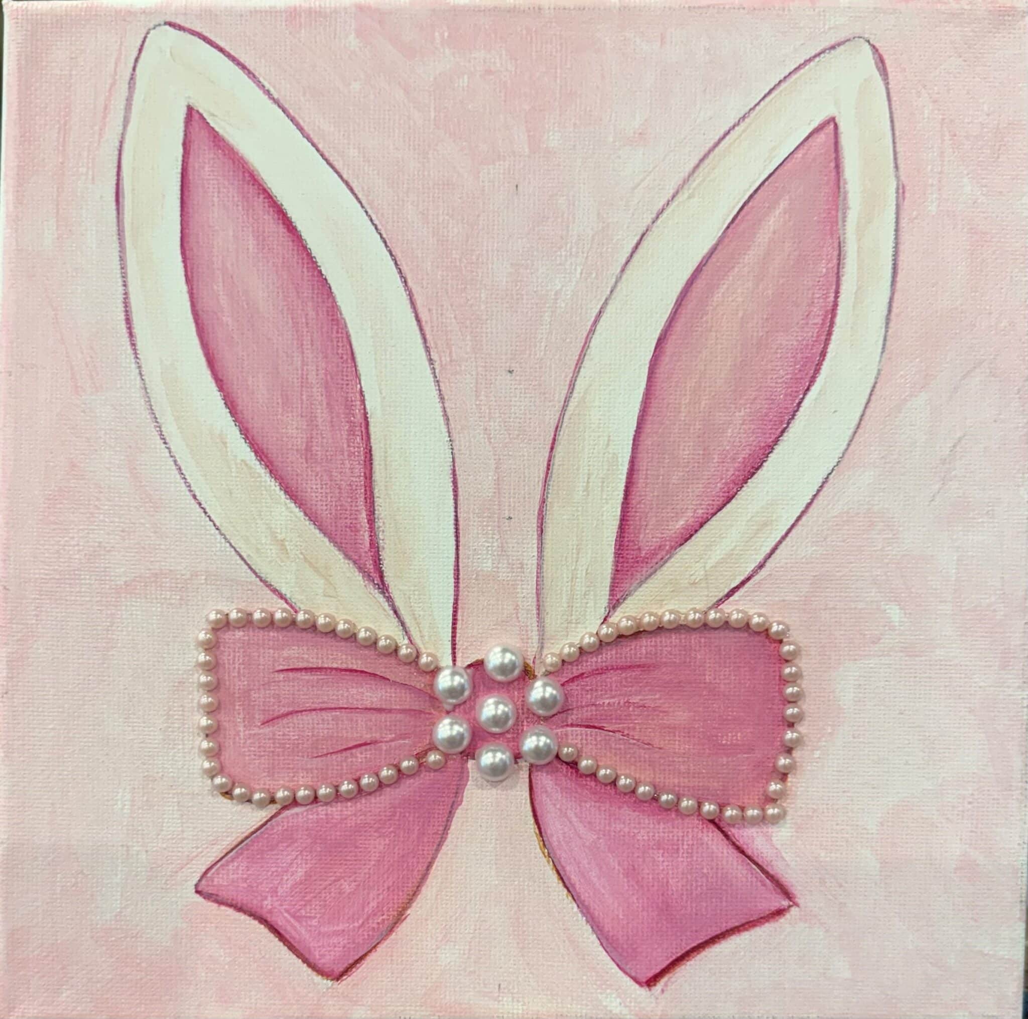 Easter Bunny Sparkle Canvas paint and sip workshop at Colourful Wine Tallawong with pearl embellished bow