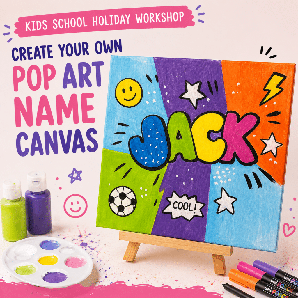 Kids School Holiday Workshop – Create Your Own Pop Art Name Canvas | Colourful Wine