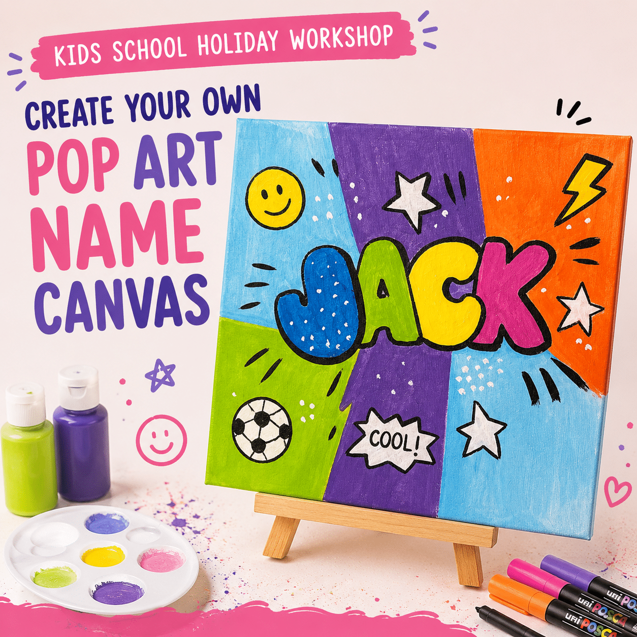 Kids School Holiday Workshop – Create Your Own Pop Art Name Canvas | Colourful Wine