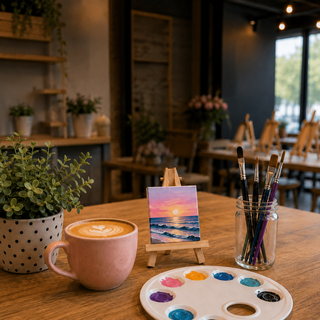 Guest enjoying a Coffee & Canvas Experience at Colourful Wine Tallawong with a small coffee and mini canvas painting activity.
