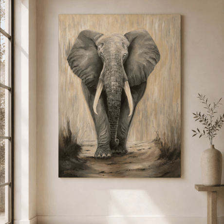 Elephant Painting for Sale – The Gentle Giant is an original hand-painted elephant artwork by Domi, created in a timeless neutral palette.