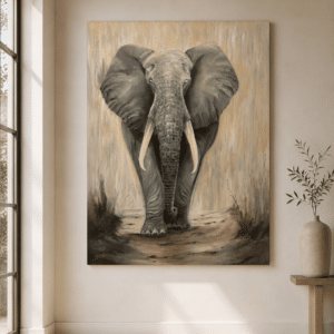 Elephant Painting for Sale – The Gentle Giant is an original hand-painted elephant artwork by Domi, created in a timeless neutral palette.
