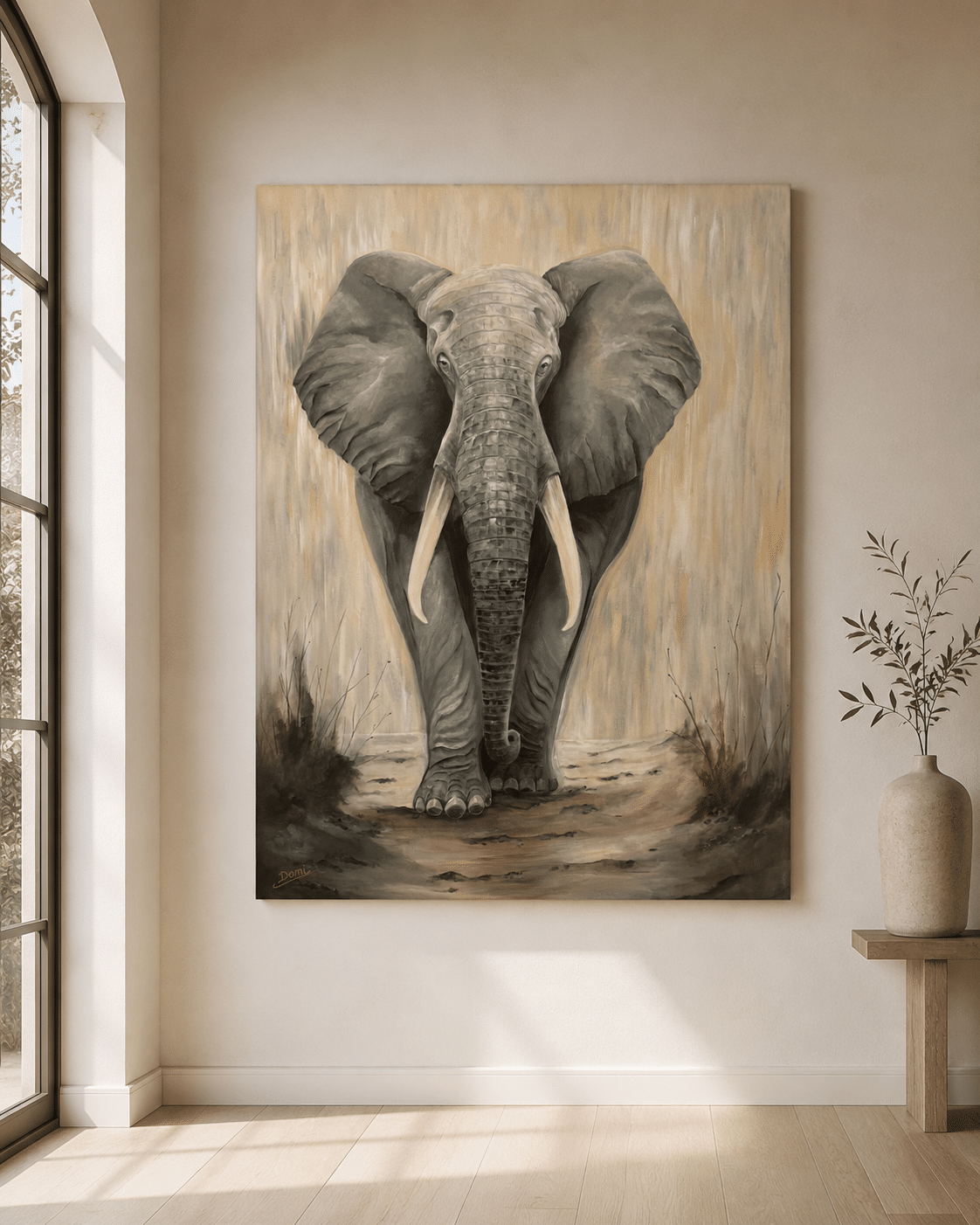 Elephant Painting for Sale – The Gentle Giant is an original hand-painted elephant artwork by Domi, created in a timeless neutral palette.