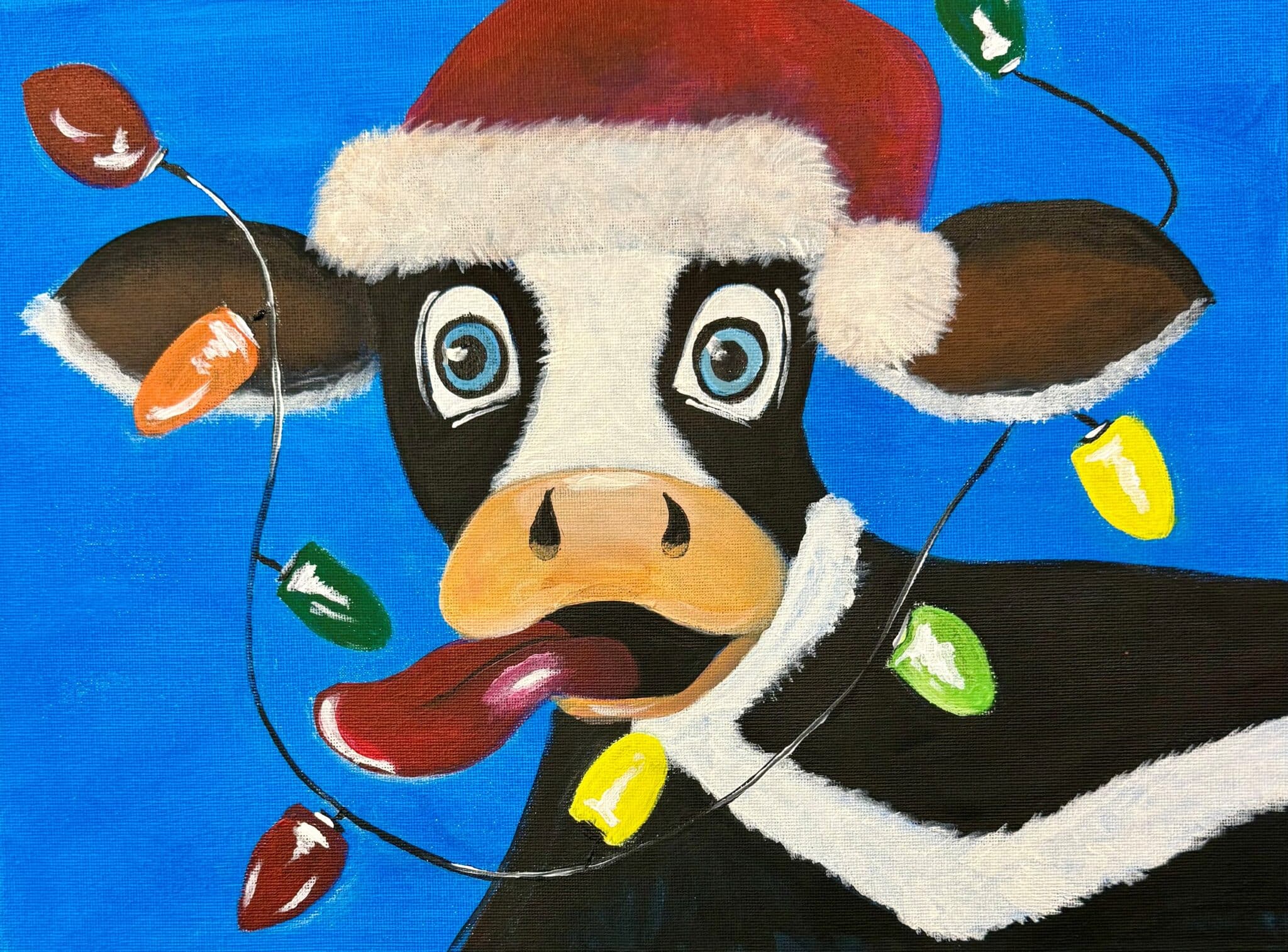 Jingle Moo Christmas Paint and Sip Sydney painting featuring a cheeky cow wearing a Santa hat surrounded by colourful Christmas lights