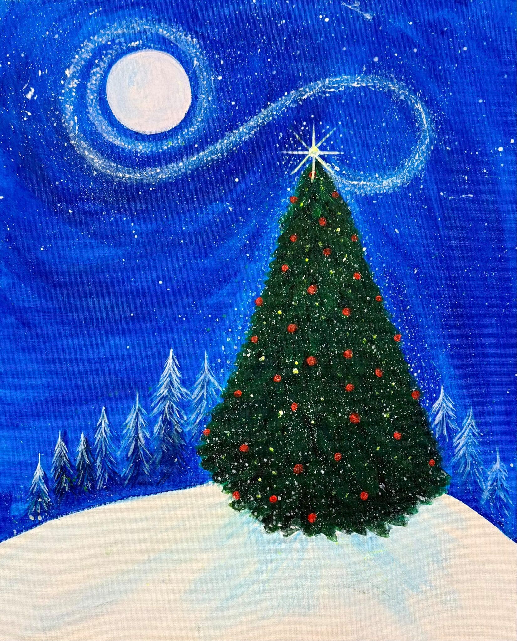 Star of Christmas Paint and Sip Sydney painting featuring a decorated Christmas tree beneath a glowing moon and starry blue sky